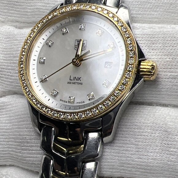 TAG Heuer Ladies Link Quartz Date Watch WJF1354 MOP Dial Diamond Bezel 27mm - Picture 4 of 16
